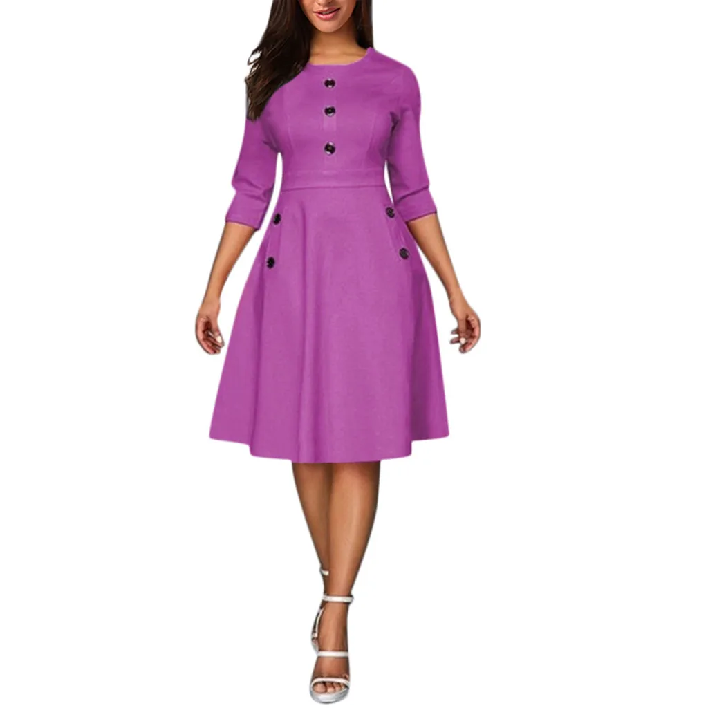 Summer Lady seven-point Sleeves Retro Solid Color Button O-neck A Line Dress Large Size Loose Casual Fashion Party Office | Женская