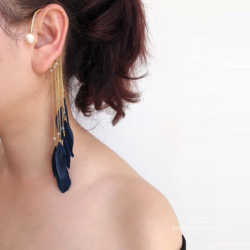 DAIMI жемчужные серьги куртки натуральный белый жемчуг и синие перьевые можно без