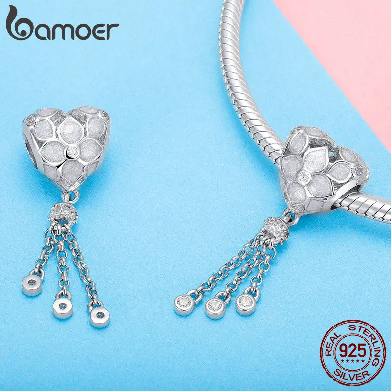 BAMOER, подлинный 925 пробы, серебряный кристалл, цветок, сердце, любовь, форма, кисточка, шарм, подходит для браслетов, браслеты, сделай сам, изготовление ювелирных изделий BSC028