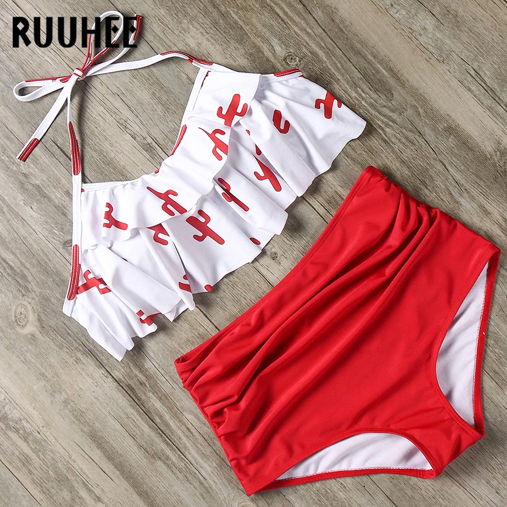 RUUHEE, бикини с оборками,, купальник, женский купальник, Холтер, бикини, набор, высокая талия, купальник, пуш-ап, летняя пляжная одежда, бикини