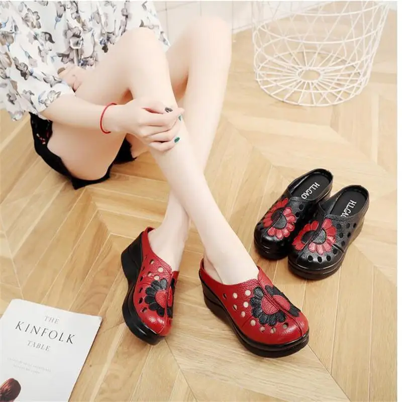 Летние тапочки Обувь из натуральной кожи Шлепанцы ручной работы на платформе