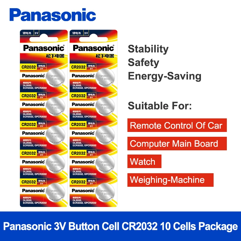 

Panasonic 10Pcs/Lot CR2032 Button Battery 20mm*3.2mm 3V Lithium Button Coin Cell Watch Batteries for Watch Computer CR 2032