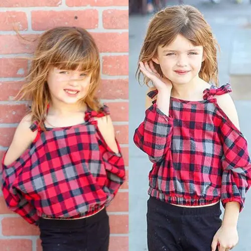 New Style Kid Girls Strap Plaid T-shirt Off Shoulder T-Shirt Infant Outfit Children Casual T Shirt Clothes Spring Tops Age 0-5Y | Детская