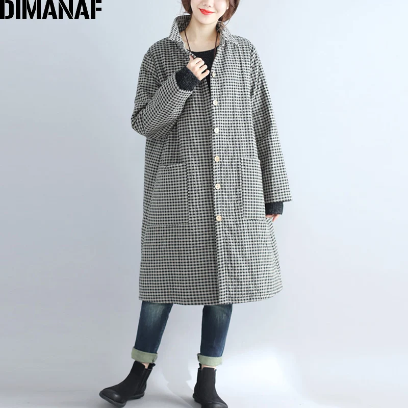 DIMANAF, женские парки, длинное пальто, хлопковая одежда, утолщенная, теплая, Осень-зима, плюс размер, женская, винтажная, в клетку, свободная верхняя одежда