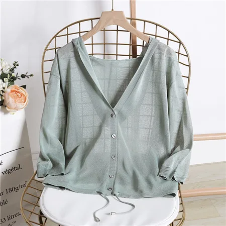 D00517 green Тонкий свитер с капюшоном, кардиган, женский, Шелковый, льняной, весна-лето, на шнуровке, v-образный вырез, короткий дизайн, свободная накидка, кардиганы, верхняя одежда для женщин - Цвет: D00517 green