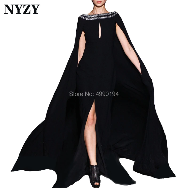 

NYZY E130 High Slit Cape Cloak Long Sleeve Arabic Black Evening Dress Robe Soiree Dubai abendkleider 2019 abiye gece elbisesi