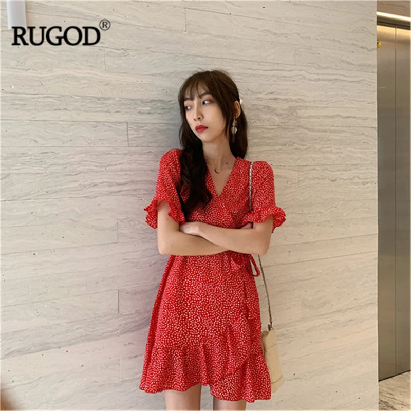 Женское платье с рюшами RUGOD винтажное Летнее мини-платье короткими рукавами и