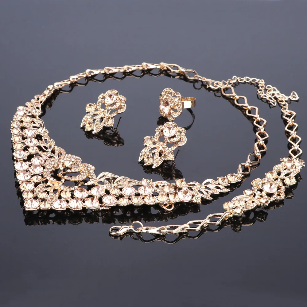 

Flower Crystal Wedding Bridal Jewelry Sets Gold Color Rhinestone Wedding Jewelry Necklace Sets for Women