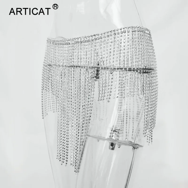 Мини-юбка Articat с металлическими кристаллами и бриллиантами, блестящая женская юбка с бриллиантовой цепочкой, юбка с высокой талией и блестками, летняя Роскошная праздничная одежда