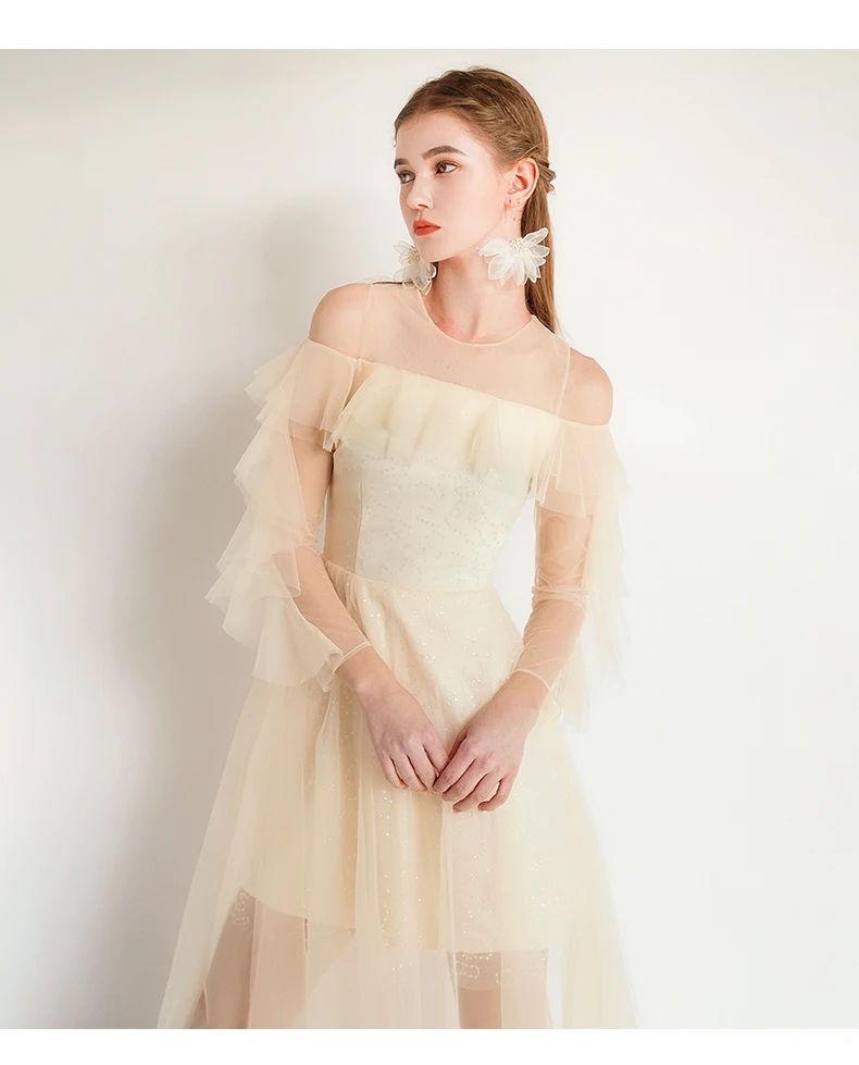 He's Bride Dream Champagne Lace Cocktail Party Dress Simple Zipper Back Tea-Length Long Sleeves for Women Robe De Soiree | Свадьбы и
