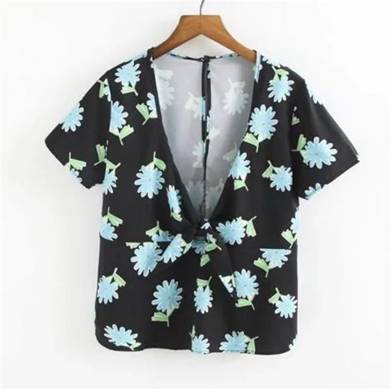 Топы с цветочным рисунком Женская блузка глубоким v образным вырезом пикантные