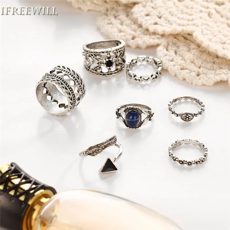 IFREEWILL Metal Woman ring Set Trendy 7 piece suit Blue Natural stone joint fashion Jewelry Wholesale Party Gift | Украшения и