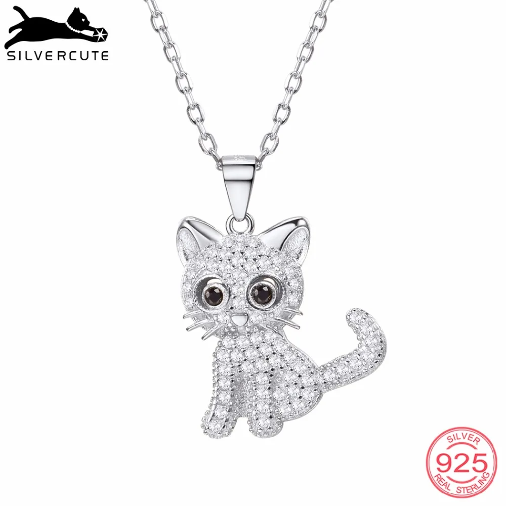 SILVERCUTE роскошные 925 пробы Серебряный котенок кулон цепочки и ожерелья для женщин