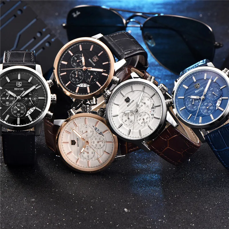 Часы-хронограф мужские спортивные водонепроницаемые из натуральной кожи в стиле