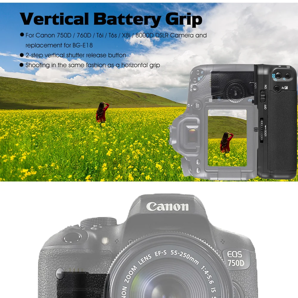 Spash мульти-мощность Вертикальная Батарейная ручка для Canon 750D 760D T6i T6s X8i 8000D Замена BG-E18 DSLR камера работает с LP-E17