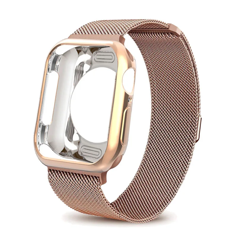 Миланский ремешок-петля для Apple Watch 5, 4, 44 мм, 40 мм, iwatch, ремешок 42 мм, 38 мм, браслет из нержавеющей стали+ чехол для Apple Watch 4, 3, 21 - Цвет ремешка: Rose gold