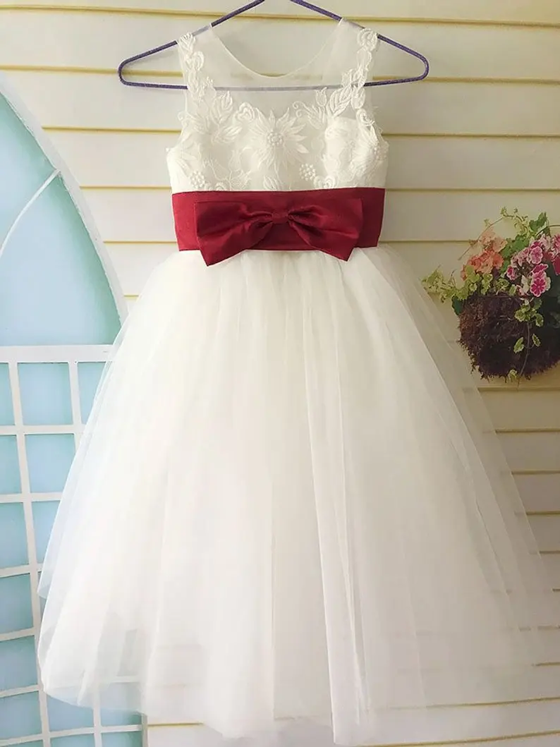 Lace Tulle Flower Girl Dress Wedding Tutu First Communication with Apple Red Sash Bows V Back | Свадьбы и торжества