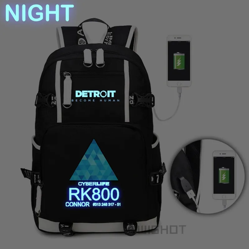 Рюкзак WISHOT detroit beke human rk800, сумка на плечо для путешествий, школьная сумка для подростков, Повседневная сумка для ноутбука с зарядкой через usb - Цвет: Luminous BLACK