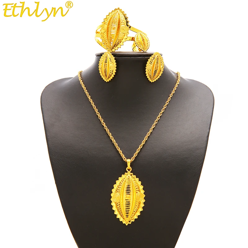 Ethlyn Jewelry Gold Color  Ethiopian Eritrean Traditional Jewelry Accessories Classic Bridal Party Four Pcs Wedding Sets S207