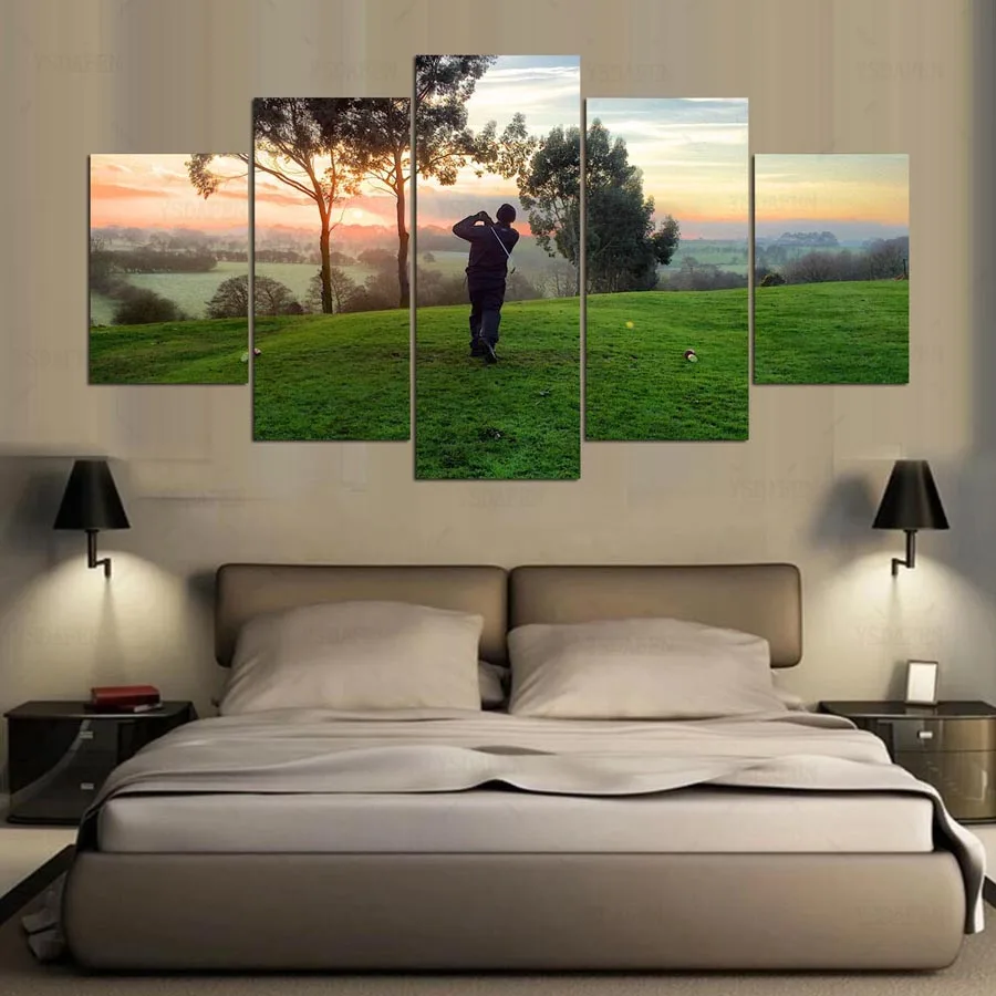 YSDAFEN 5 Pieces Playing Golf Sunrise Landscape Modern Home Wall Decor Canvas Picture Art HD On For Living Room ny-481 | Дом и сад