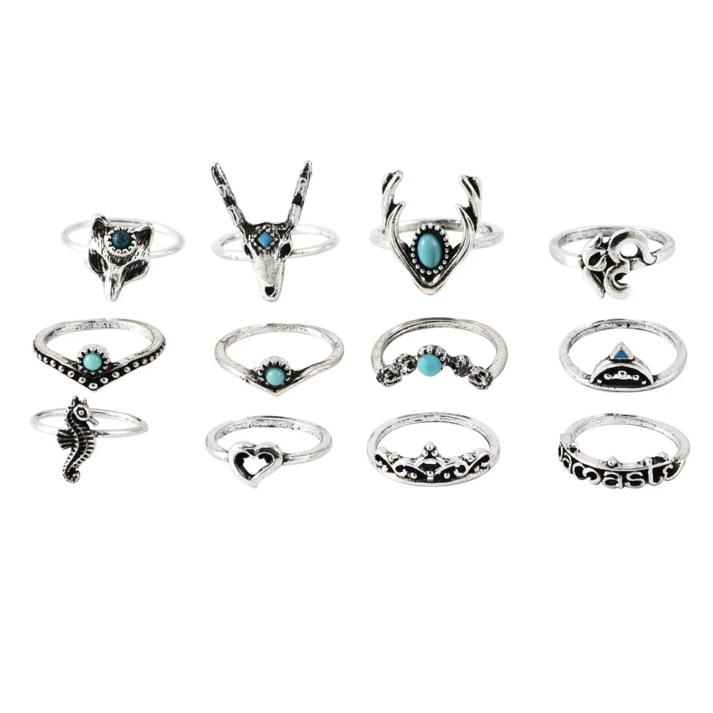12 Pcs/Set Creative Silver Color Om Hollow Heart Letter Crown Deer Crystal Geometry Rings Halloween Jewelry Women Ring Set | Украшения и