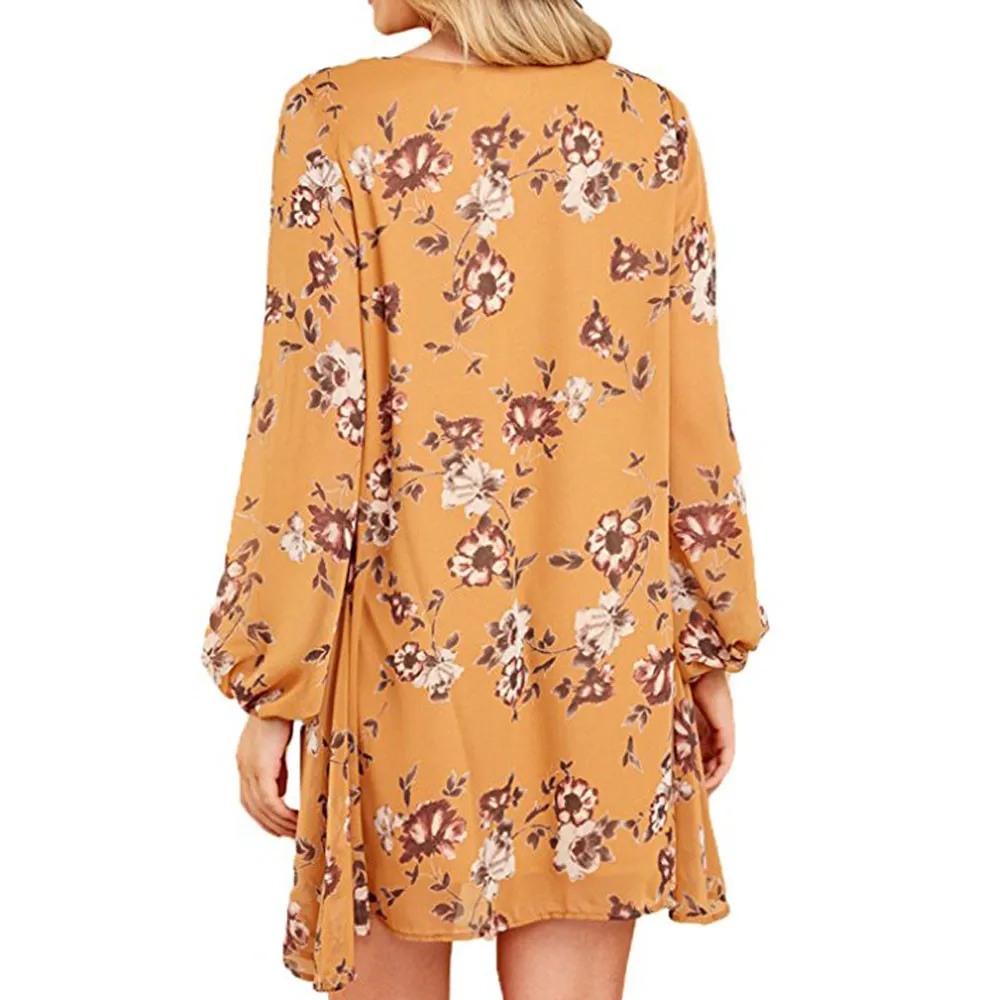 Женское платье-мини в стиле бохо Пляжное платье с длинным рукавом и цветочным