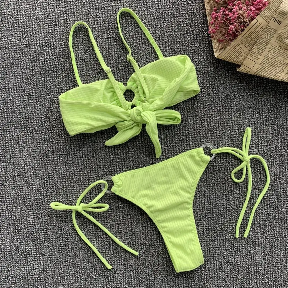

Women Sexy Two-Piece Swimsuit Sling Backless Bandage Solid Bikini Set Beachwear circle ladies split strap swimsuit A1
