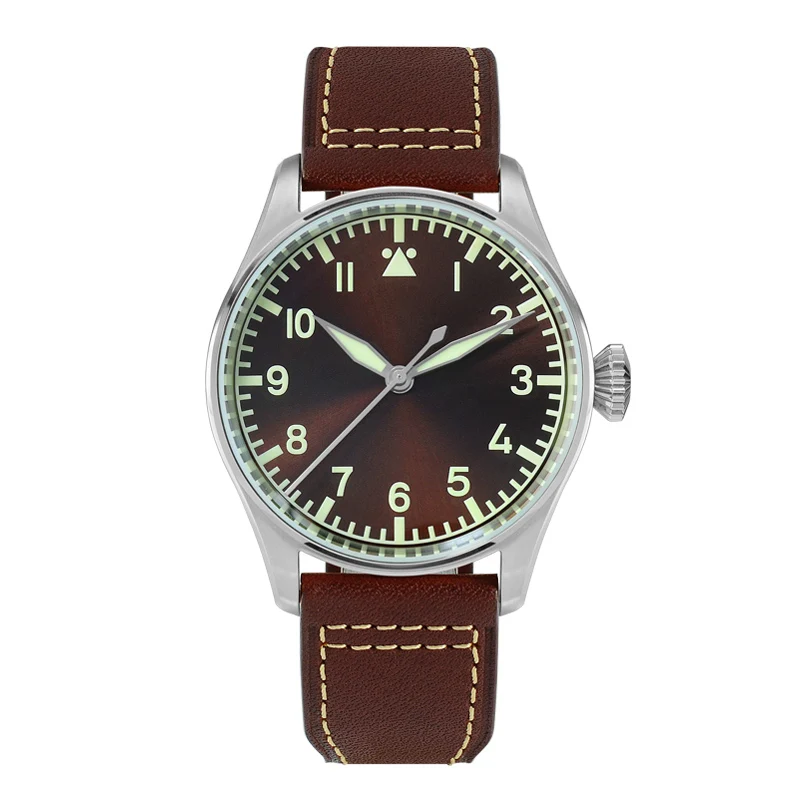 Brown PT5000 Lugyou Сан Мартин пилот Flieger механические мужские часы из нержавеющей стали супер светящийся сапфировый Кристалл Скелет Задняя Кожа Ремешок - Цвет: Brown PT5000
