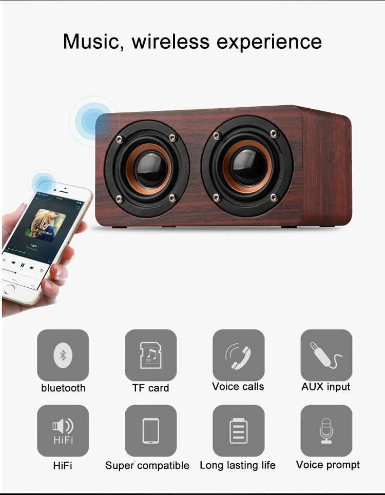 W5 Деревянный беспроводной динамик портативный Bluetooth динамик 10 Вт сабвуфер Поддержка TF карты для смартфона