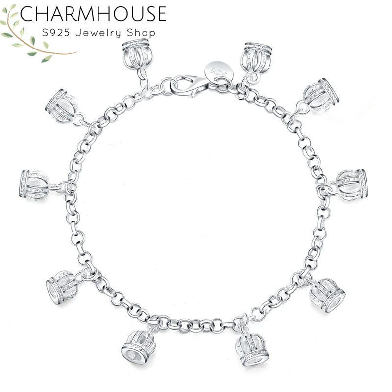 Шарм браслеты Charmhouse 925 для женщин 10 шармов в виде короны звеньевой браслет на