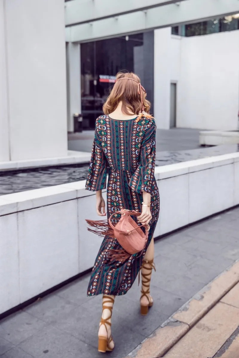 Богемное этническое женское летнее длинное платье с принтом, Таиланд Vestidos Longos Robes Femmes Ukraine Vestiti Donna Платье-туника Boho
