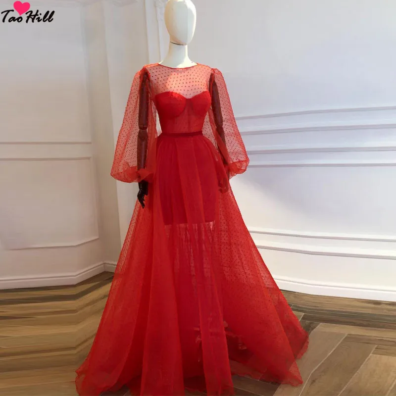 

TaoHill Long Sleeve Lace Evening Dress A-line Red See Through Evening Party Prom Gown Floor Length