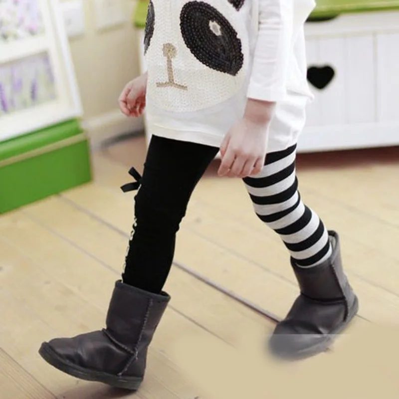 Брюки для девочек черные и белые детские леггинсы в полоску Классические малышей