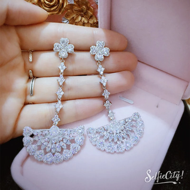 

Be 8 New Trendy AAA Cubic Zirconia Fan Shape Tassel Drop Dangle Earrings for Women Party Gift E577