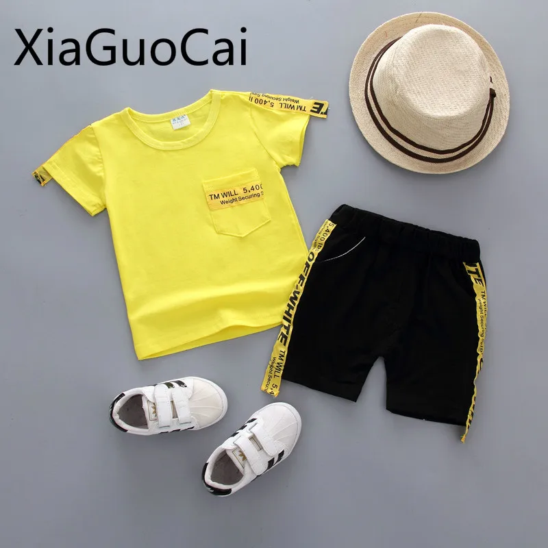 Summer Yellow Casual Children Sets Version 1-4 Years Boys T-shirts and Shorts Baby Letter Pocket Short-sleeved | Детская одежда и