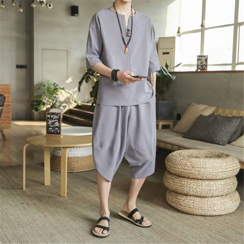 Fashion Sets Linen Short Set 2019 Summer Mens Cotton Shorts Suit Male Streetwear Chinese Style 2 Piece V-Neck | Мужская одежда