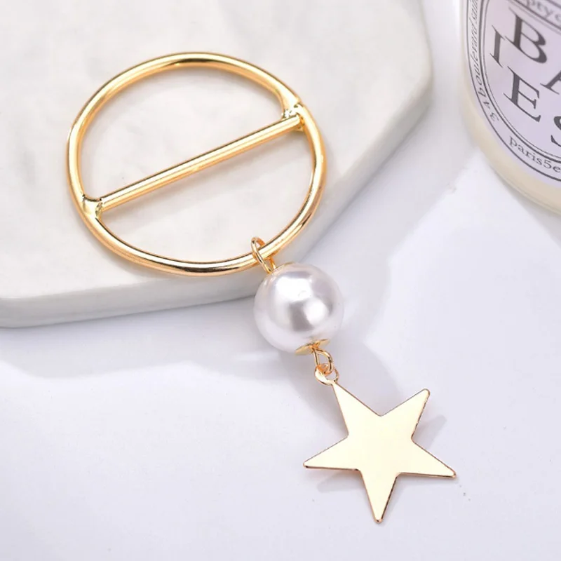Alloy Hollow Round Neck Silk Scarf Buckle Brooch Female Gold Color Five-Pointed Star Imitation Pearl Pendant Shawl | Украшения и