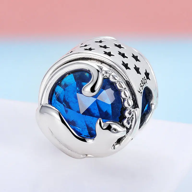 MOWIMO Kitty Cat хрустальные бусины из синего камня 925 пробы серебро подходят к оригинальному браслету Pandora талисманы для женщин Изготовление ювелирных изделий BKC708