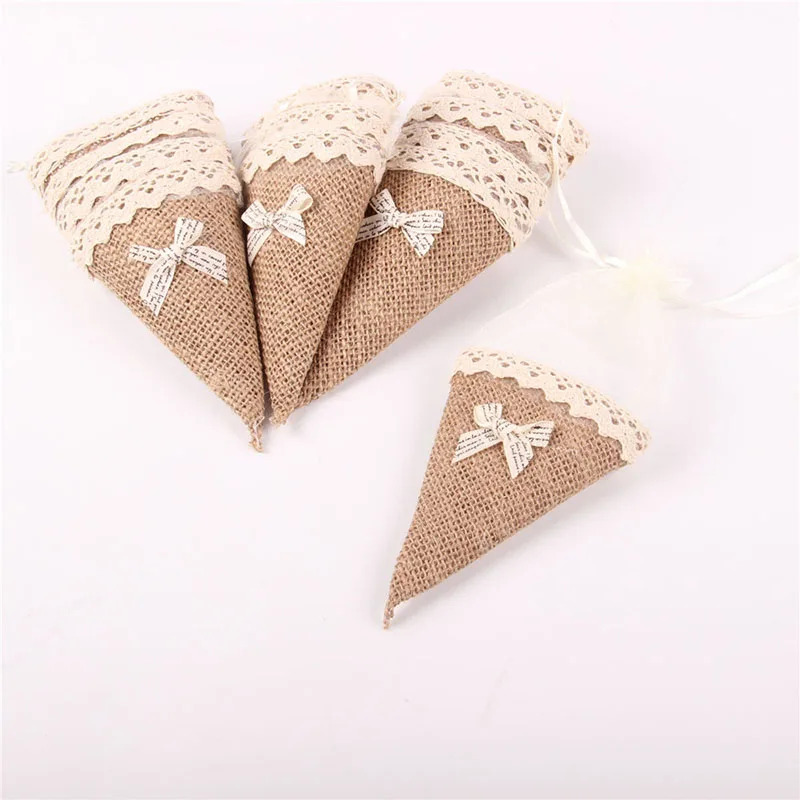 10 шт./лот, мешковина, джут, Hessian Pew, конус, держатель для цветов, Рождество, деревенский стиль, свадебные украшения в винтажном стиле