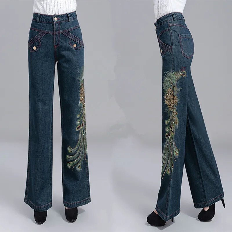 Free Shipping 2021 New Fashion Autumn And Winter Thick Plus Size 26-34 Loose Wide Leg Pants Straight Jeans Trousers Embroidery
