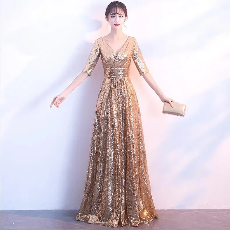 Rose Gold JaneVini розовое золото с пайетками Длинные свадебные платья для женщин половинные рукава Сексуальные V шеи линии Формальные Вечерние платья Vestitini Donna - Цвет: Rose Gold