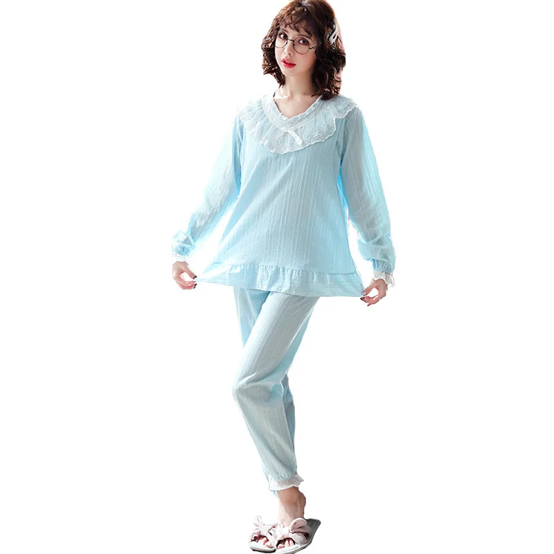 

100% Cotton Gauze Thin Pregnant Clothes Set White Lace Bowknot Maternity Pyjamas Ruffles Long Sleeve Women Nursing Sleepwear