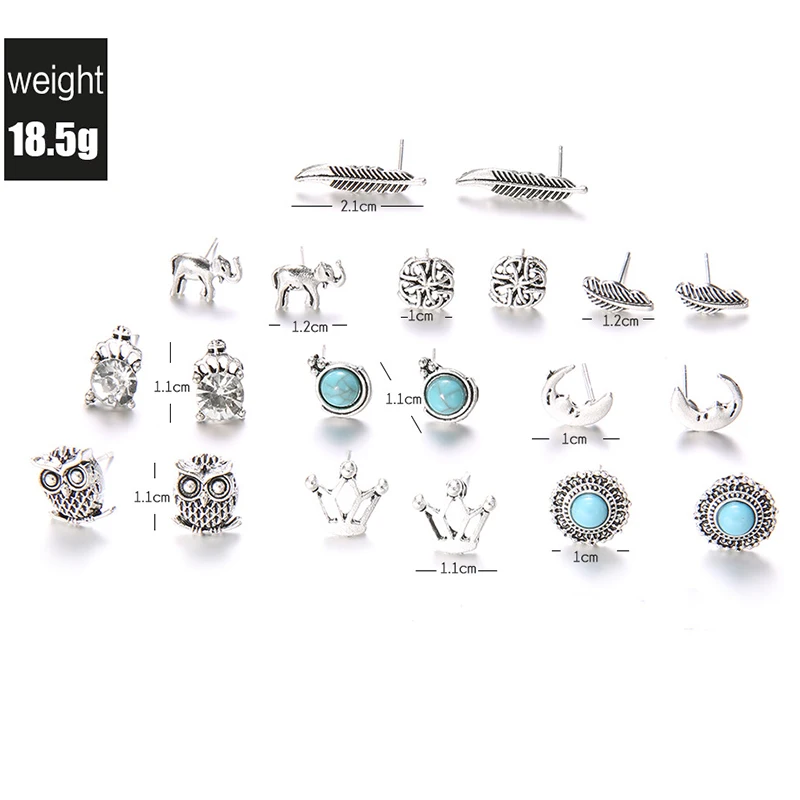 Набор женских серег-гвоздиков в богемном стиле комплект из 20 шт./компл. с листьями