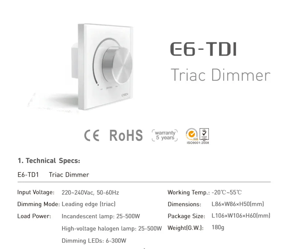 LTECH E6-TD1 светодиодный симисторный диммер AC 220 В затемнение светодиодный контроллер Triac Edge ручка диммер высоковольтный светодиод полоса света лампы диммер