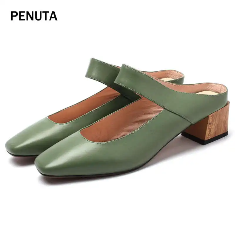 Green PENUTA/; женские летние шлепанцы из натуральной кожи на квадратном каблуке; женские туфли без задника с квадратным носком; Цвет Зеленый, абрикосовый, бежевый; PT924 - Цвет: Green
