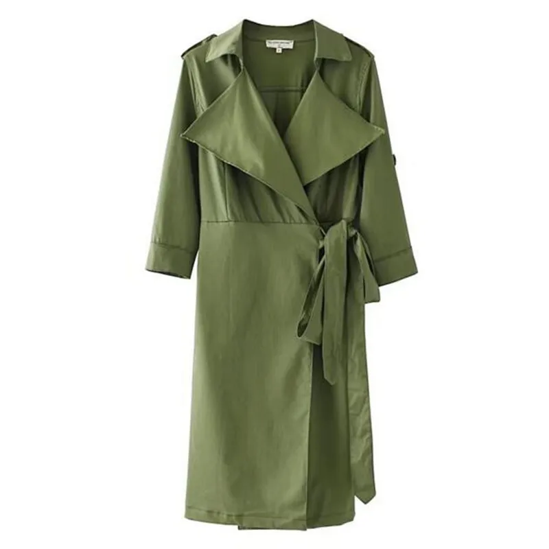 Стильный Тренч с большим отворотом со шнуровкой на талии армейский зеленый 2017