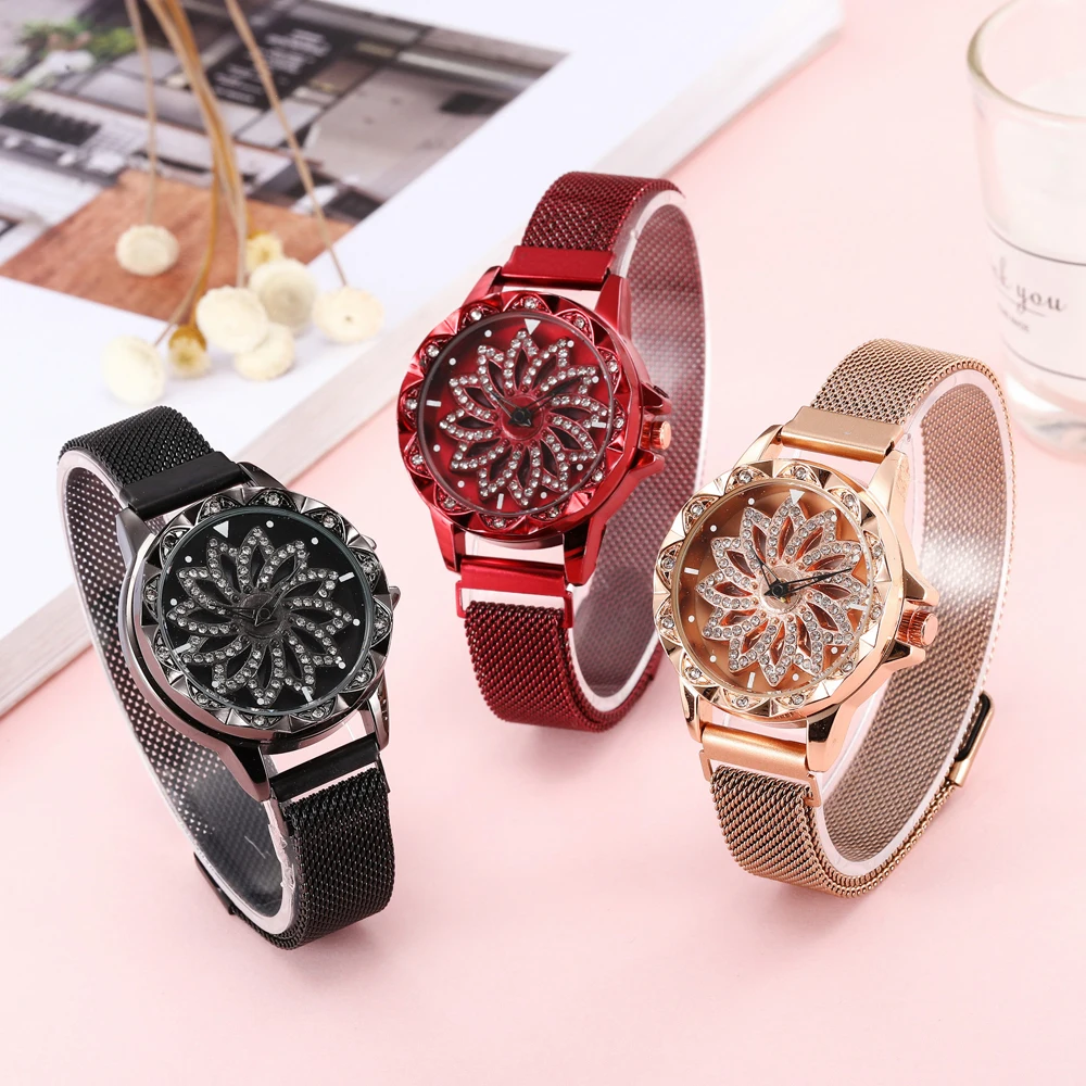 

360 Degree Rotation Women Watch Mesh Magnet Starry Sky Ladies Watch Luxury Fashion Geometric Quartz Watch Relogio Feminino