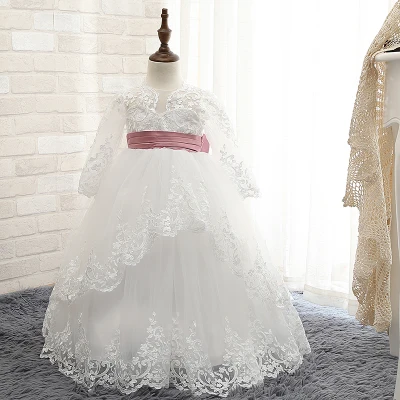 2017 New Hot White Lace Flower Girls Dresses With Belt Long Sleeve Girls First Communion Dress Princess Wedding Dress Ball Gown