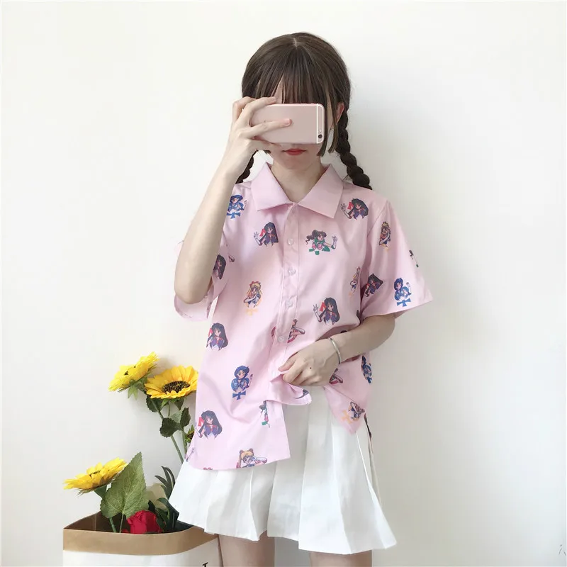 Neploe Сейлор Мун розовые рубашки с коротким рукавом Harajuku Ulzzang Tumblr женская летняя блузка повседневная косплей милый забавный японский Топ