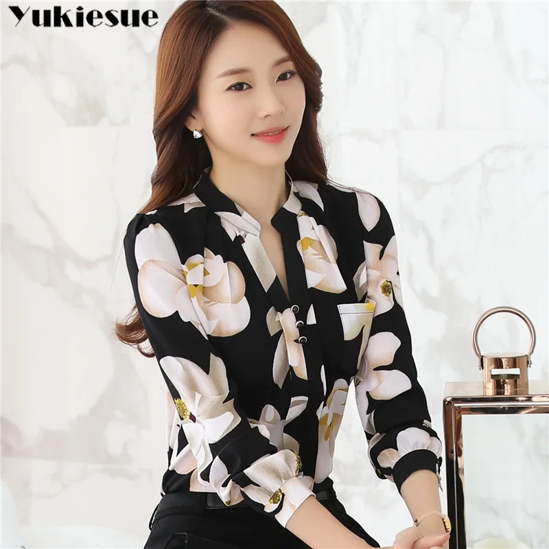 Блузка женская с цветочным рисунком Офисная рубашка длинным рукавом лето 2019 |